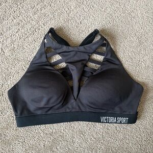 Victoria's Secret Black Strappy High-Neck Sports Bra with Logo Band